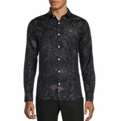 Outlet ✨ Murano Electric Jungle Collection Slim-Fit Floral Jacquard Long-Sleeve Woven 👚 Shirt Black 🔔