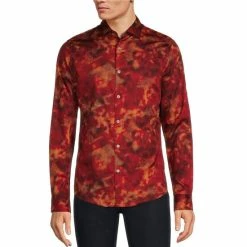 Discount ✨ Murano Intergalactic Collection Slim-Fit Lava Print Long-Sleeve Woven 👕 Shirt Red ✔️