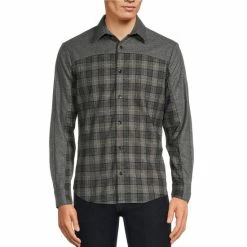 Outlet 😀 Murano Electric Jungle Collection Slim-Fit Plaid Pieced Long-Sleeve Woven 👕 Shirt Jacket Black 🔔