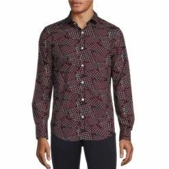 Promo 👏 Murano Archive Collection Slim-Fit Tossed Grid Print Long-Sleeve Woven 👕 Shirt Dark Navy 👏