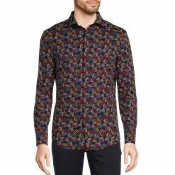 Flash Sale 🤩 Murano Archive Collection Liquid Luxury Slim-Fit Puzzle Cube Printed Long-Sleeve 🧥 Coatfront 👕 Shirt Dark Navy ❤️