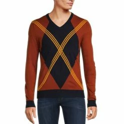 Budget 😍 Murano Archive Collection Argyle V-Neck Sweater Gold 😉