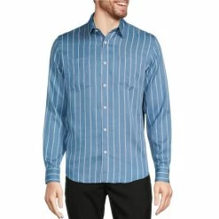 Promo ⌛ Murano Archive Collection Slim-Fit Two Pocket Stripe Long-Sleeve Woven 👚 Shirt Blue Smoke 🥰