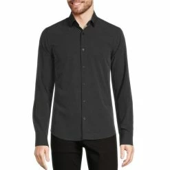 Best deal 🎁 Murano Slim-Fit Solid Performance Stretch Long-Sleeve Woven 👕 Shirt Charcoal 🧨