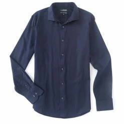 Hot Sale ⌛ Murano Wardrobe Essentials Long-Sleeve Slim-Fit Textured Spread-Collar Sportshirt Dark Navy 🔥 -Murano Shop unnamed file 405