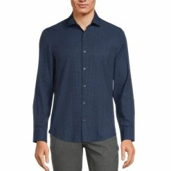 Discount ✔️ Murano Performance Stretch Slim-Fit Geometric Print Long-Sleeve Woven 👕 Shirt Navy ✨ -Murano Shop unnamed file 429