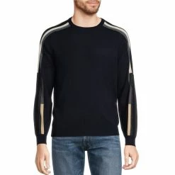Cheap 👍 Murano Performance Shoulder Stripe Navy Crewneck Sweater 🔔