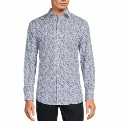 Cheapest 🥰 Murano White/Navy Floral Printed Slim-Fit Spread Collar Poplin 👗 Dress 👕 Shirt Blue ❤️