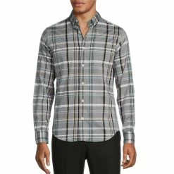 Best Pirce ✨ Murano Electric Jungle Collection Slim-Fit Plaid Long-Sleeve Woven 👕 Shirt Grey 🎉