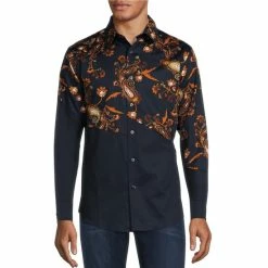 Buy 🔔 Murano Sateen Paisley Pieced Print Long-Sleeve Woven 👕 Shirt Dark Navy ❤️